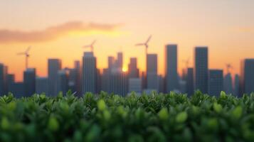 Sunset Cityscape with Lush Green Plants. A Verdant Oasis in the Heart of a Modern Metropolis. photo