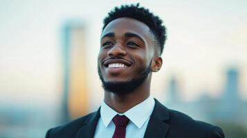 A Confident Businessman Radiates Optimism in a City Setting photo