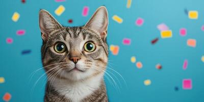 Portrait of a Curious Cat with Colorful Confetti Background photo