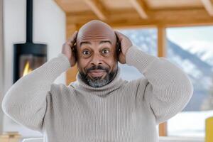 A Man's Portrait in a Cozy Winter Setting, Displaying a Surprising Expression photo