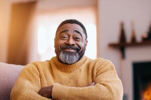 A Warm and Content Senior Man in a Cozy Home Setting photo