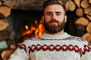 Man in a Cozy Sweater by the Fireplace. Winter Style and Comfort. photo