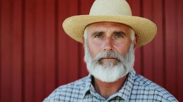 Portrait of a Mature Farmer in Front of a Red Barn photo
