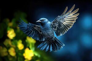 Stunning Blue Bird in Flight A Captivating Aerial Moment of Nature's Majesty photo