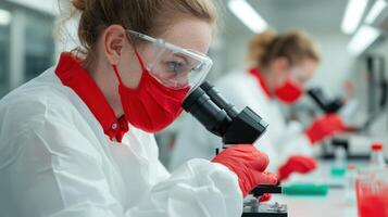 Dedicated Scientist Observes Through Microscope in Modern Lab photo