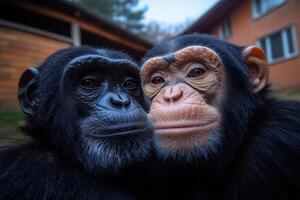 of Two Chimpanzees Showing Affection photo