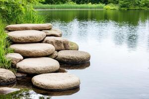 Serene Stone Steps Leading to a Peaceful Pond. A Tranquil Natural Pathway photo