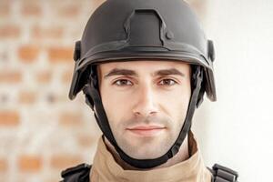 Dedicated Soldier's Steadfast Gaze A Portrait of Duty and Resolve photo
