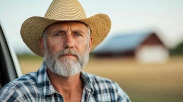 Portrait of a Serious Farmer in the Countryside photo