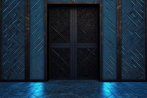 Dark, Futuristic Entrance with Blue Lighting and Intricate Geometric Patterns photo