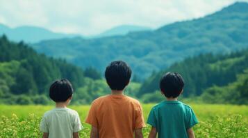 Children Gazing at a Breathtaking Mountain View photo
