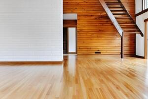 Stunning Empty Modern House Interior with Wooden Flooring and Stairs photo