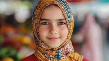 Smiling Young Girl in Colorful Hijab A Portrait of Innocence and Culture photo