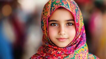 A Radiant Child in a Colorful Hijab A Portrait of Innocence and Beauty photo