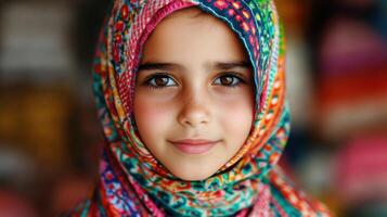 Radiant Child in Colorful Hijab A Portrait of Innocence and Culture photo