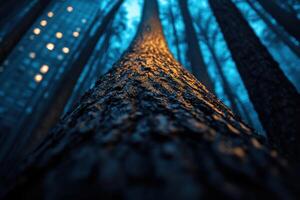 Majestic Tree Trunk in a Night Forest, City Lights in the Background photo