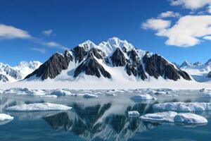 Majestic Antarctic Mountain Range with Icebergs Reflecting in the Water photo