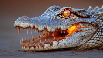 A Stunning of a Crocodile's Jaw, Teeth, and Glowing Eyes photo