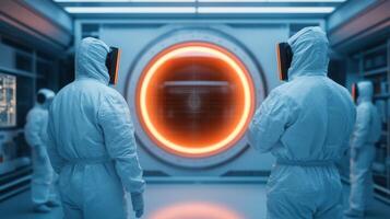 Futuristic Laboratory Scene Scientists Observe High Tech Experiment photo