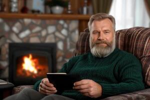 Relaxed Senior Man Reading by the Fireplace photo