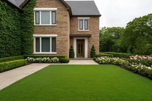 Stunning Exterior of a Modern Stone Home with Exquisite Landscaping photo