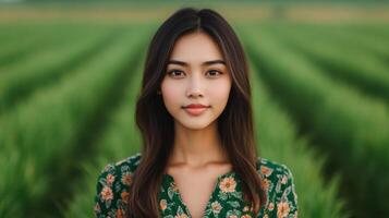 A captivating portrait of a young woman in a floral dress, bathed in natural light, amidst a lush green field. photo