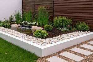 Serene Backyard Oasis Exquisite Garden Design with Water Feature and Stones photo