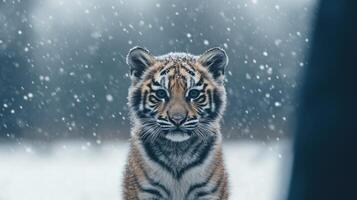 A Majestic Snow Tiger Cub in Winter Wonderland photo