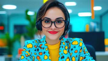 Smiling Business Woman Wearing Headset and Glasses in Colorful Office Setting photo