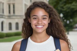 Smiling Teenage Girl on Campus A Portrait of Youth and Aspiration photo