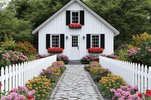 Charming White Cottage with Vibrant Garden and Stone Pathway. Perfect Home Design photo
