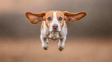 Beagle Dog in Mid Air Leap A Stunning Aerial Portrait photo