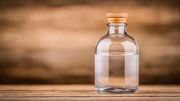 Clear Glass Water Bottle on Wooden Table. Simple and Elegant Beverage Container. photo