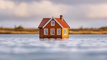 A Miniature House Floats on Water, A Visual Representation of Climate Change Impact. photo