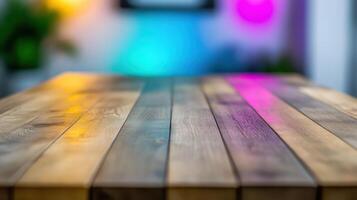 Colorful Wooden Table Surface with Multicolored Background photo