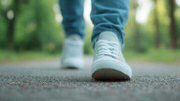 of feet walking on a park path. Stylish sneakers and jeans on a summer day. photo