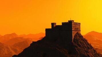 Majestic Silhouette Castle on Mountain Peak at Sunset photo