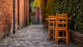 Quaint European Alleyway with Outdoor Cafe Seating photo