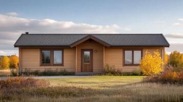 Rustic Wooden Cabin in Autumnal Landscape A Peaceful Country Home photo