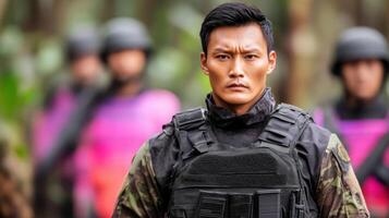 Focused Military Personnel in Tactical Uniform photo