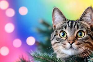 Curious Tabby Cat Peeking Through Christmas Tree Branches photo