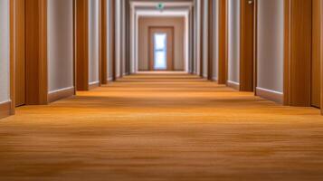 Hotel Corridor with Warm Wooden Doors and Carpet Floor photo