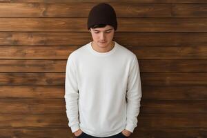 Stylish Man in White Sweater and Brown Hat against Wooden Background photo