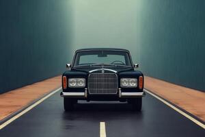 Vintage Luxury Car on a Road Classic Automobile Design Elegant Retro Vehicle Black Sedan Road Trip Front View Retro Style Vintage Vehicle Classic Car Luxury Car Automobile Art photo
