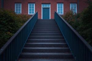 Ascending Steps to a Brick Building with a Teal Door photo