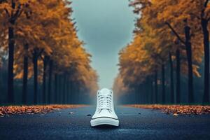 Autumnal Pathway A Pair of White Sneakers on a Road Lined with Golden Trees photo