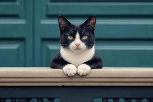 Black and White Cat Posing on a Fence, Charming Portrait photo