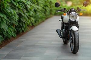 Elegant White Motorcycle on a Pathway, Perfect for Outdoor Adventures photo
