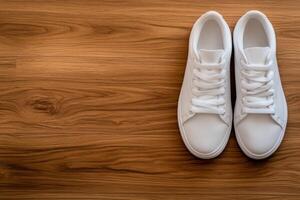 Stylish White Sneakers on Wooden Floor Simple and Elegant Footwear photo