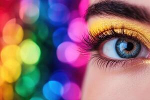 of a woman's eye with vibrant makeup and colorful background photo